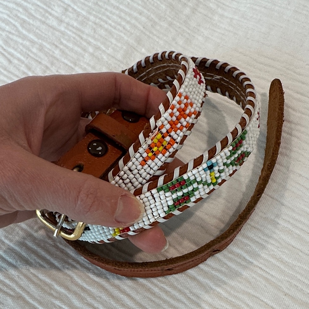 Brown and White Striped Leather Beaded Belt